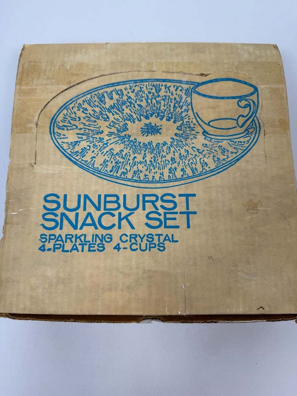 Vintage Indiana Glass Sunburst Crystal Snack Set 4 Plates and 4 Cups